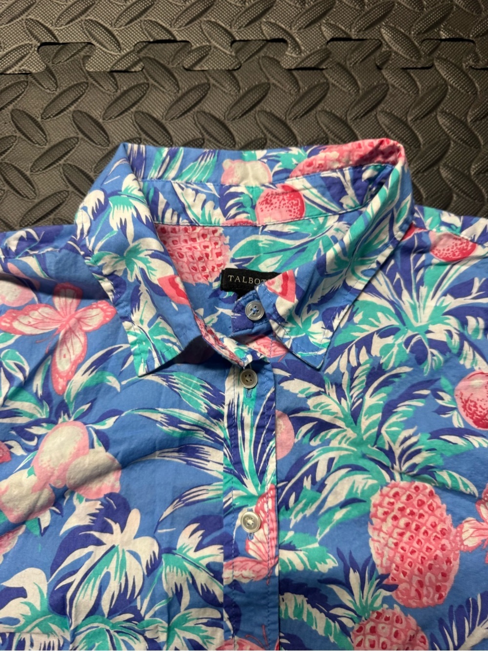 Talbots Women’s Large Tropical Floral Button Down Shirt Blue Pink Long Sleeve - Picture 5 of 10